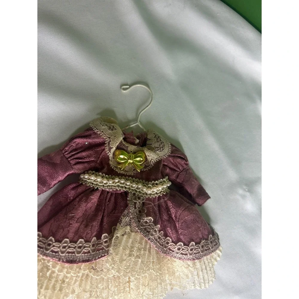 Vintage Barbie Doll Dress Mauve Jacquard Lace Gown Gold Bow Pearl Trim Taiwan